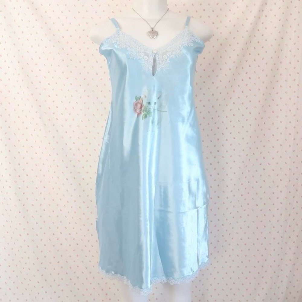 blue satin kitten slip dress medium vintage lace nightgown y2k